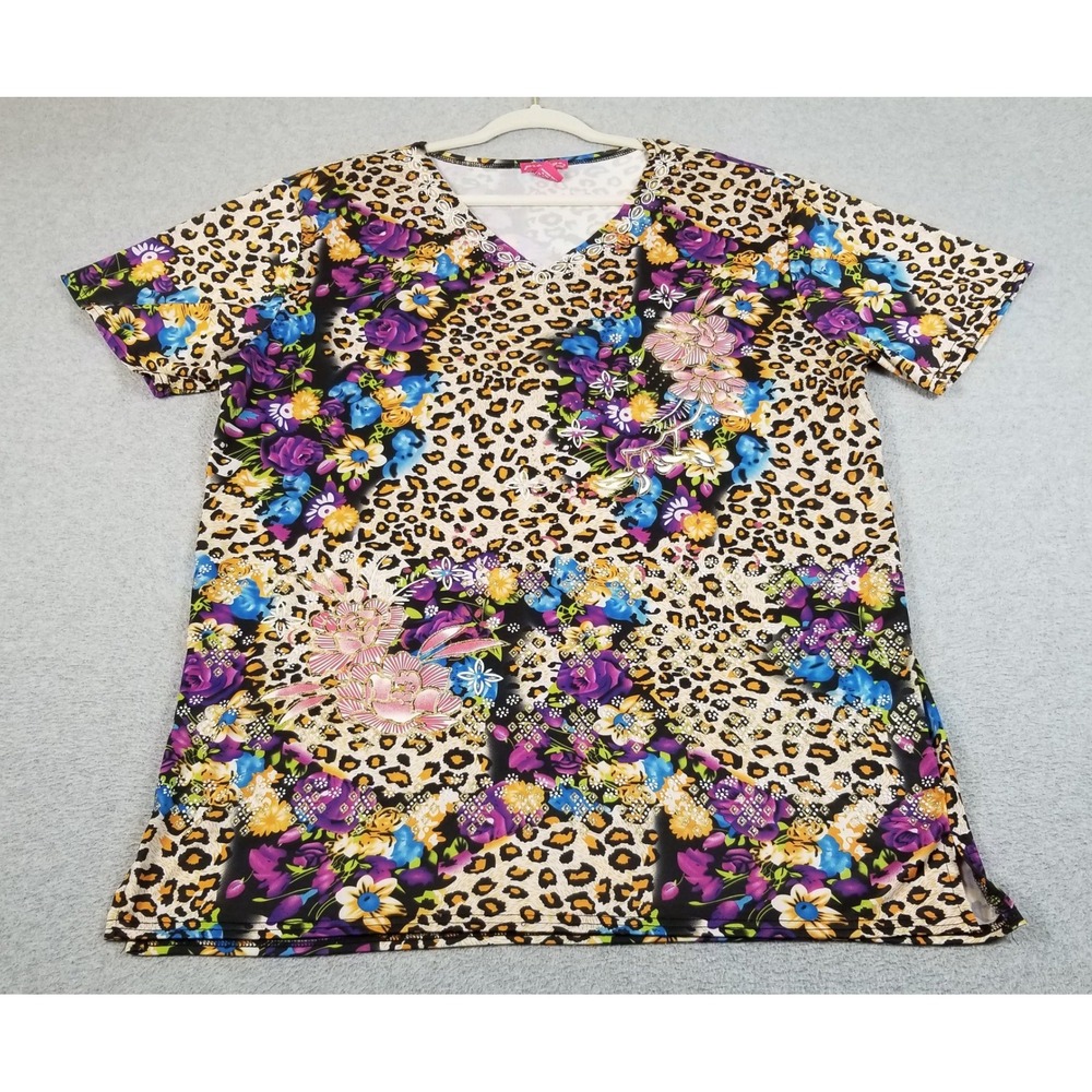 Prestige Edge Tunic Top Women 3X Plus Leopard Floral Glitter VNeck Blouse Funky